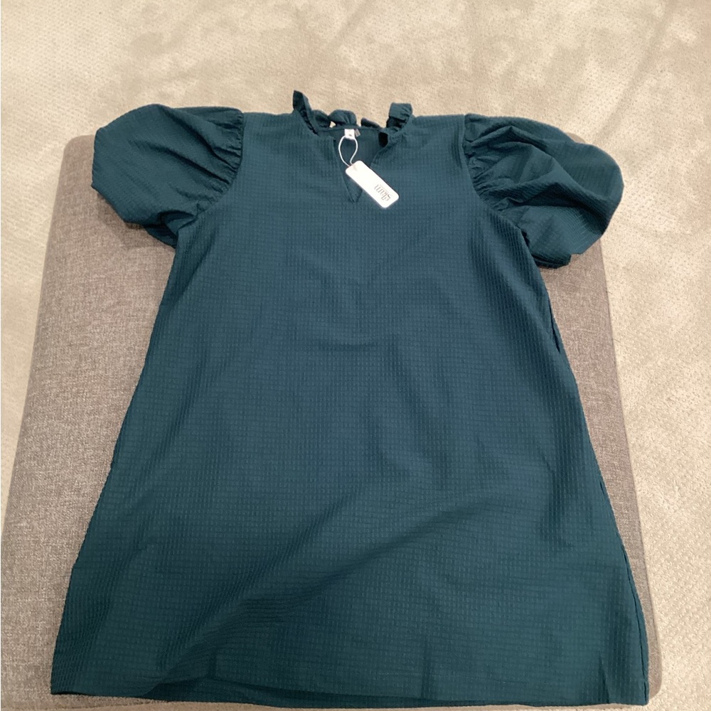 glam Dark Teal Puff-Sleeve Tunic with Ruffle Neck
